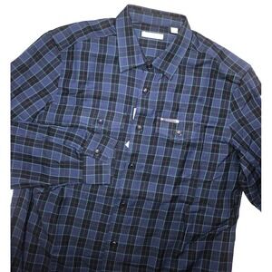 Burberry Men's‎ XL Plaid Button Up Navy Check Shirt Wool Linen Blend Pockets NWT